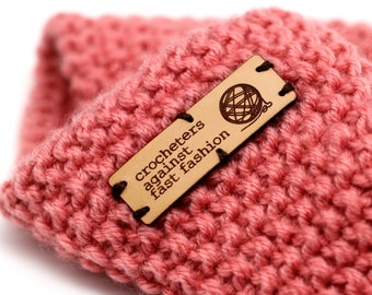 Flat Leather Label Pack "Crocheters Against Fast Fashion" - Customizable Genuine italian crochet labels and sewing labels