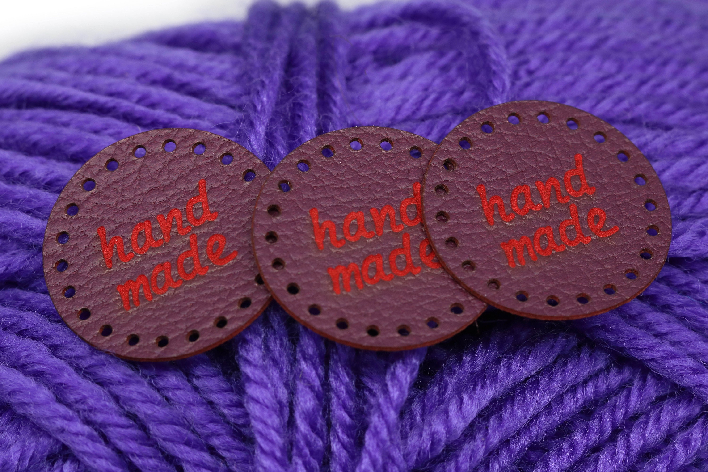 Folding Leather labels Handmade Tags - Red-Violet Mod. HMD, Yarn hand made  - PU Leather Labels for crochet items, sewing Faux Leather Tags