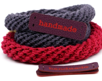 Flat Leather Tags Handmade Labels - Red-Violet Mod. HMC PU Leather Labels for crochet, handmade labels sewing and knitting Faux Leather Tags
