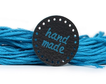 Round Leather Tags Handmade Labels - Blue-Black Mod RO02 PU Leather Labels for crochet, handmade labels for sewing knitting Faux Leather Tag