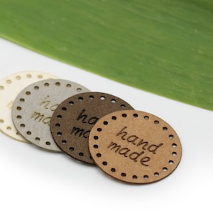 VEGAN Leather Labels Round RO02 "handmade" - Exclusive engraved vegan leather tags