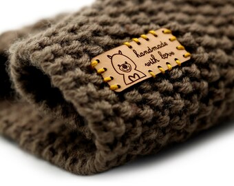 Flat Leather Labels Pack - Teddy bear - handmade with love - Mod.RX02 - Genuine italian crochet labels and sewing labels