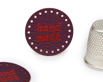 Round Leather Tags Handmade Labels -Red-Violet Mod. RO02 PU Leather Labels for crochet, handmade labels sewing and knitting Faux Leather Tag