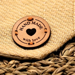 Round Leather Labels Pack - "HAND MADE with love" - RO03 - Genuine italian crochet labels and sewing labels