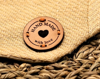 Round Leather Labels Pack - "HAND MADE with love" - RO03 - Genuine italian crochet labels and sewing labels