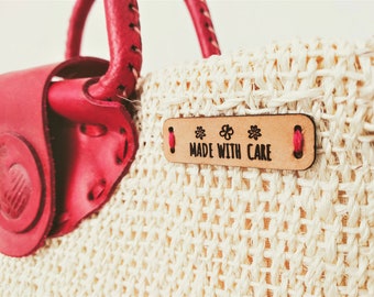 Flat Leather Label Pack - "made with care" C3 - Customizable Genuine italian crochet labels and sewing labels