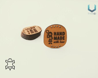 Flat Leather Label Pack - "hand made with love" S3 - Customizable Genuine italian crochet labels and sewing labels