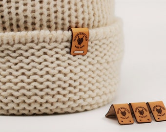 Folding Leather Label Pack - Hand knitted with love - O5 - Genuine italian crochet labels and sewing labels