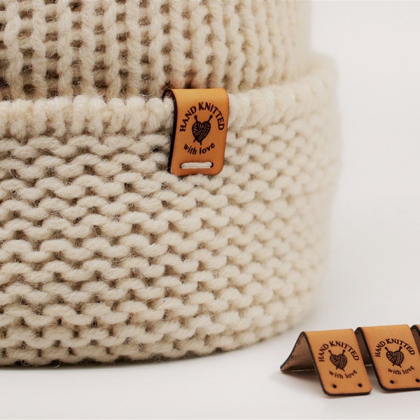 Folding Leather Label Pack - Hand knitted with love - O5 - Genuine italian crochet labels and sewing labels