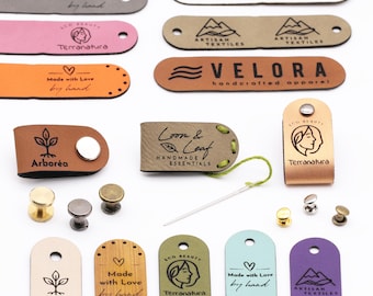Custom Faux Leather Labels – Personalized Tags with text, logo, icon – Sewing holes, Snap rivets, Screw pins for knitting, crochet, handmade