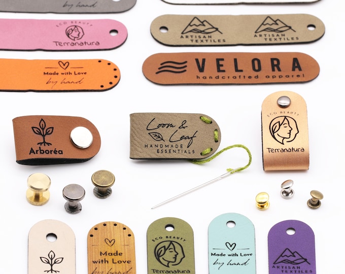 Featured listing image: Custom Faux Leather Labels – Personalized Tags with text, logo, icon – Sewing holes, Snap rivets, Screw pins for knitting, crochet, handmade