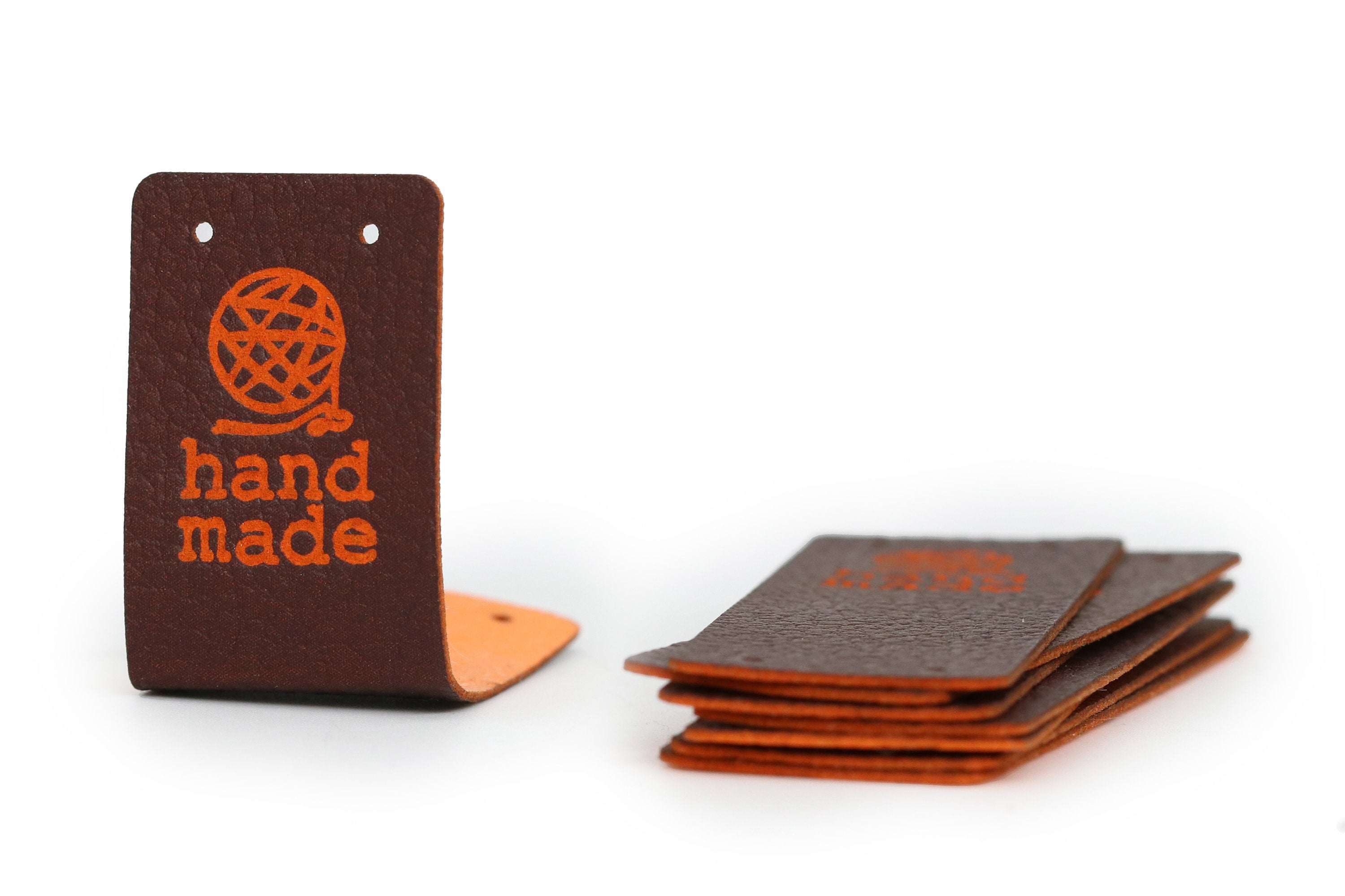 Folding Leather labels Handmade Tags - Orange-Brown Mod. HMD, Yarn