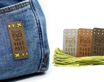 VEGAN Leather - Flat Labels Pack - Cat - Hand Made - Mod.RX01 - Exclusive engraved vegan leather tags