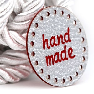 Round Leather Tags Handmade Labels - Red-Silver Mod RO02 PU Leather Labels crochet handmade labels for sewing and knitting Faux Leather Tags