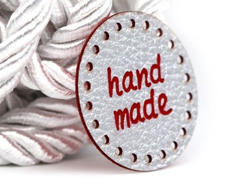 Round Leather Tags Handmade Labels - Red-Silver Mod RO02 PU Leather Labels crochet handmade labels for sewing and knitting Faux Leather Tags