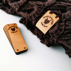 Folding Leather Label Pack - Hand knitted with love - O3 - Genuine italian crochet labels and sewing labels