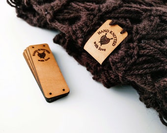 Folding Leather Label Pack - Hand knitted with love - O3 - Genuine italian crochet labels and sewing labels
