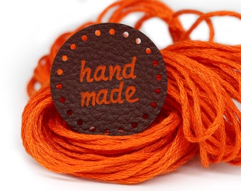 Round Leather Tags Handmade Labels - Orange-Brown Mod. RO02 PU Leather Labels crochet handmade labels for sewing and knitting Faux Leather
