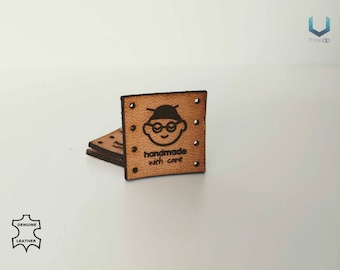 Flat Leather Label Pack - Granny Handmade with care - H - Customizable Genuine italian crochet labels and sewing labels