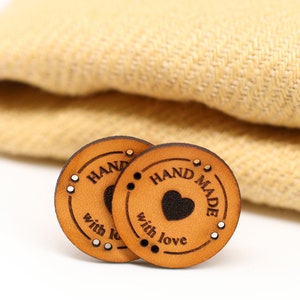 Round Leather Labels Pack - "HAND MADE with love" - RO03 - Genuine italian crochet labels and sewing labels