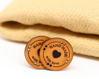 Round Leather Labels Pack - "HAND MADE with love" - RO03 - Genuine italian crochet labels and sewing labels