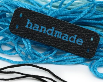 Flat Leather Tags Handmade Labels - Blue-Black Mod. HMC PU Leather Labels for crochet, handmade labels for sewing knitting Faux Leather Tags