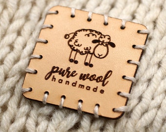 Square Big Leather Labels Pack - Pure wool handmade - SQ01 - Genuine italian crochet labels and sewing labels