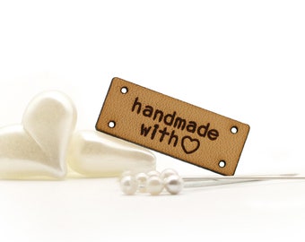 Flat Leather Label - 30 pcs Pack - handmade with love SM02 - Customizable Genuine italian crochet labels and sewing labels