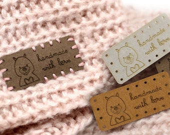 VEGAN Leather - Flat Labels Pack - Teddy bear - handmade with love - Mod.RX02 - Exclusive engraved vegan leather tags