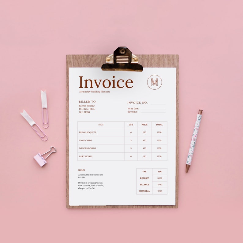 invoice template for wedding planners event planners editable invoice canva template pink pretty elegant template for small business owner image 4