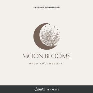 May include: A brown crescent moon with a stylized floral design inside. The moon is surrounded by small stars and the text "MOON BLOOMS WILD APOTHECARY".