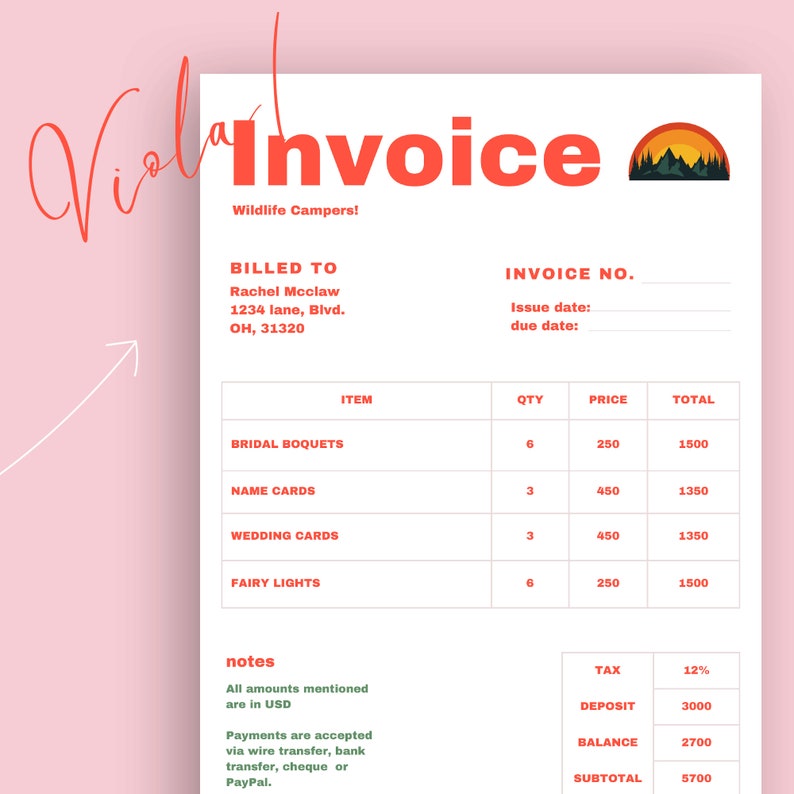 invoice template for wedding planners event planners editable invoice canva template pink pretty elegant template for small business owner image 8