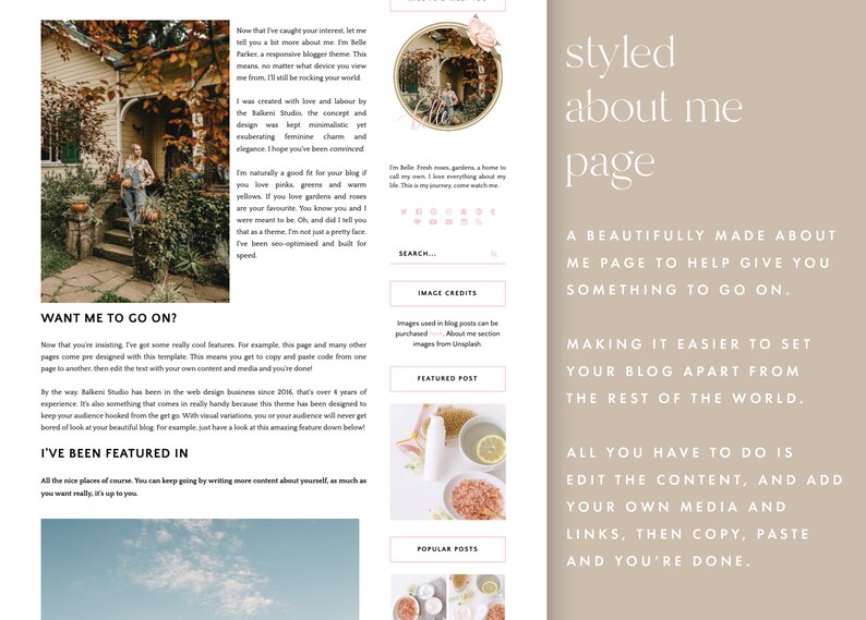 Responsive blogger theme, feminine pink blogger template, vintage theme, blogger design Belle Parker 画像 3