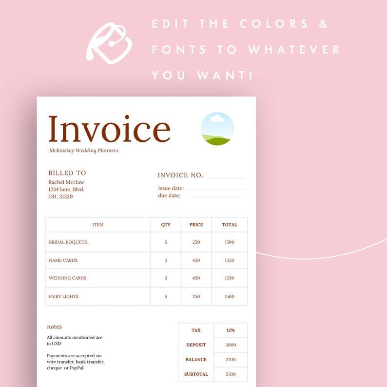 invoice template for wedding planners event planners editable invoice canva template pink pretty elegant template for small business owner image 7