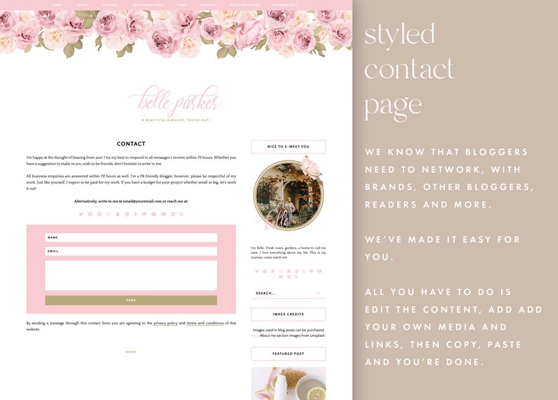 Responsive blogger theme, feminine pink blogger template, vintage theme, blogger design Belle Parker image 4