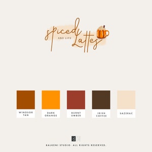 May include: A logo for a coffee shop called "Spiced Lattes and Life" with a hand-drawn illustration of a pumpkin spice latte in a mug. The logo uses a color palette of brown, orange, red, and beige.