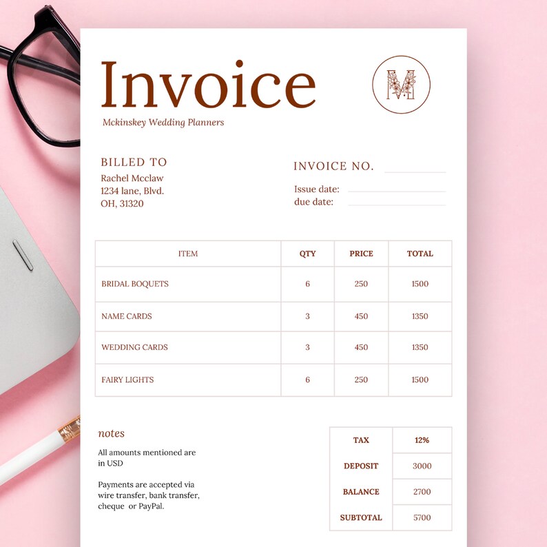 invoice template for wedding planners event planners editable invoice canva template pink pretty elegant template for small business owner image 2
