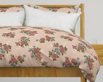 Pink Vintage Roses Floral Cotton Sateen Duvet Cover - Vintage Cottagecore Bedding