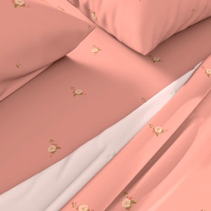 Sweet Simplicity 100% Cotton Sateen Sheet Set - Vintage Floral - Coral Pink - Cottagecore/Grandmillenial/Boho/Farmhouse - Twin/Queen/King
