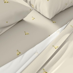 Sweet Simplicity 100% Cotton Sateen Sheet Set - Vintage Floral - Stone/Yellow - Cottagecore/Grandmillenial/Boho/Farmhouse - Twin/Queen/King