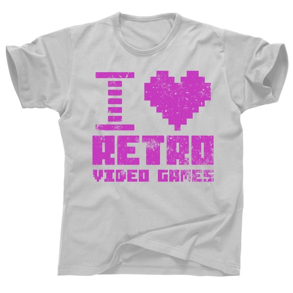 Me encantan los videojuegos retro corazón 80s ochenta neón rosa 90s noventa 70s setenta vieja escuela vintage arcade controlador joy stick camiseta