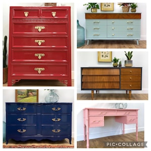 May include: A collage of five different dresser styles. The dressers are painted in various colors, including red, blue, pink, and light blue. Each dresser has unique hardware and features.