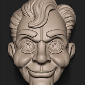 May include: A white, 3D printed mask of a man's face with a sinister smile and swirling eyes. The mask is designed to look like a creepy doll.