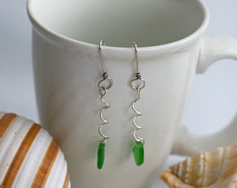 Lime Green Seaglass and Sterling Silver Earrings