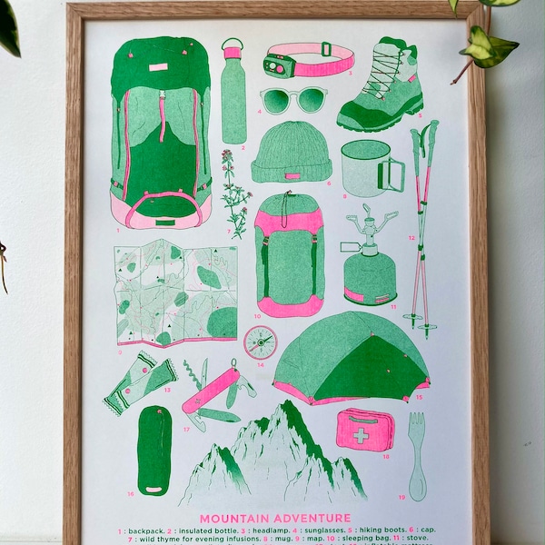Affiche illustration Mountain Adventure imprimée en risographie deux couleurs (vert et rose fluo)