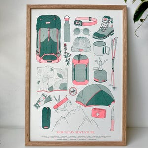 Affiche illustration Mountain Adventure imprimée en risographie deux couleurs (Hunter green & Fluorescent red)