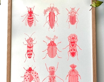 Plakatillustration Insekten und Blumen Hybriden in der Fluo-Risographie