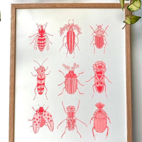 Affiche illustration insectes et fleurs Hybrides en risographie fluo