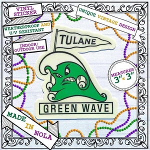 Vintage Tulane Green Wave Mascot VINYL STICKER - Waterproof, Weatherproof, U/V Resistant, Indoor/Outdoor Use FREE Shipping