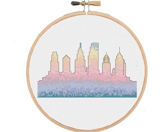 Philadelphia City Skyline Watercolor PDF Cross Stitch PATTERN